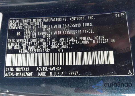 2015 Toyota Venza Le z USA, uszkodzony, nr VIN 4T3BA3BB2FU071792